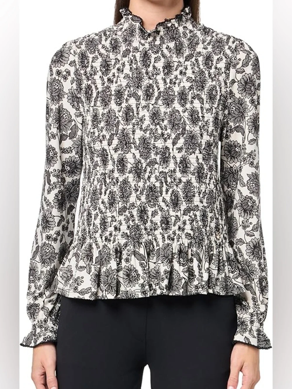Tommy Hilfiger Black & White Floral Smocked Long-Sleeve Top - Picture 9 of 9